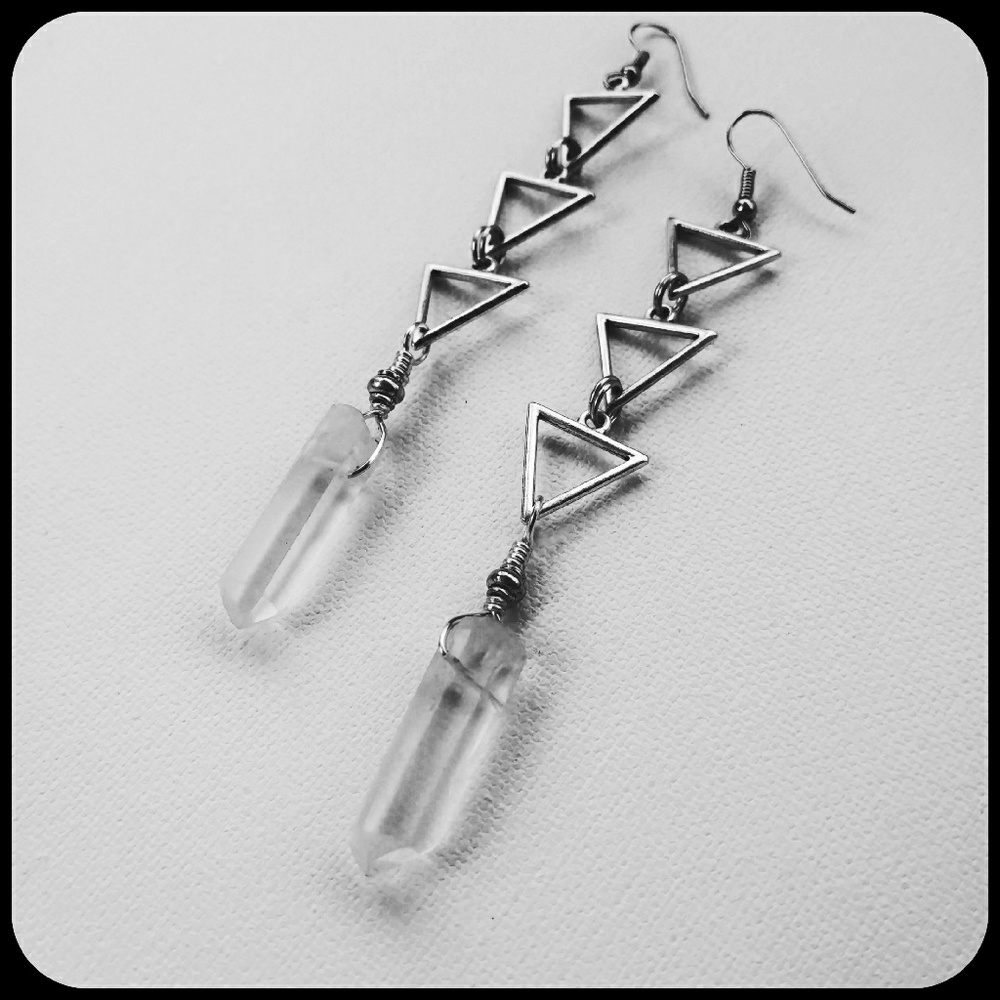 Geometric Natural Raw Clear Quartz Dangle Earrings